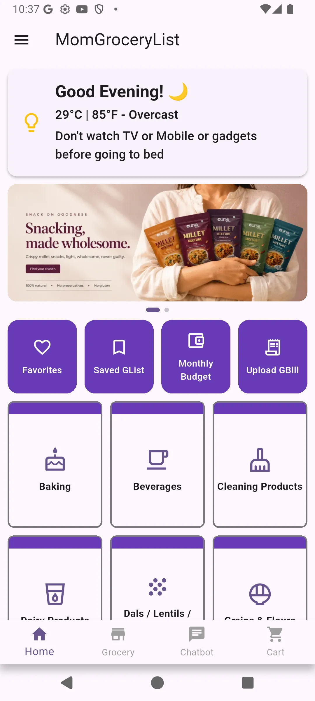 Mom Grocery List home screen with grocery categories