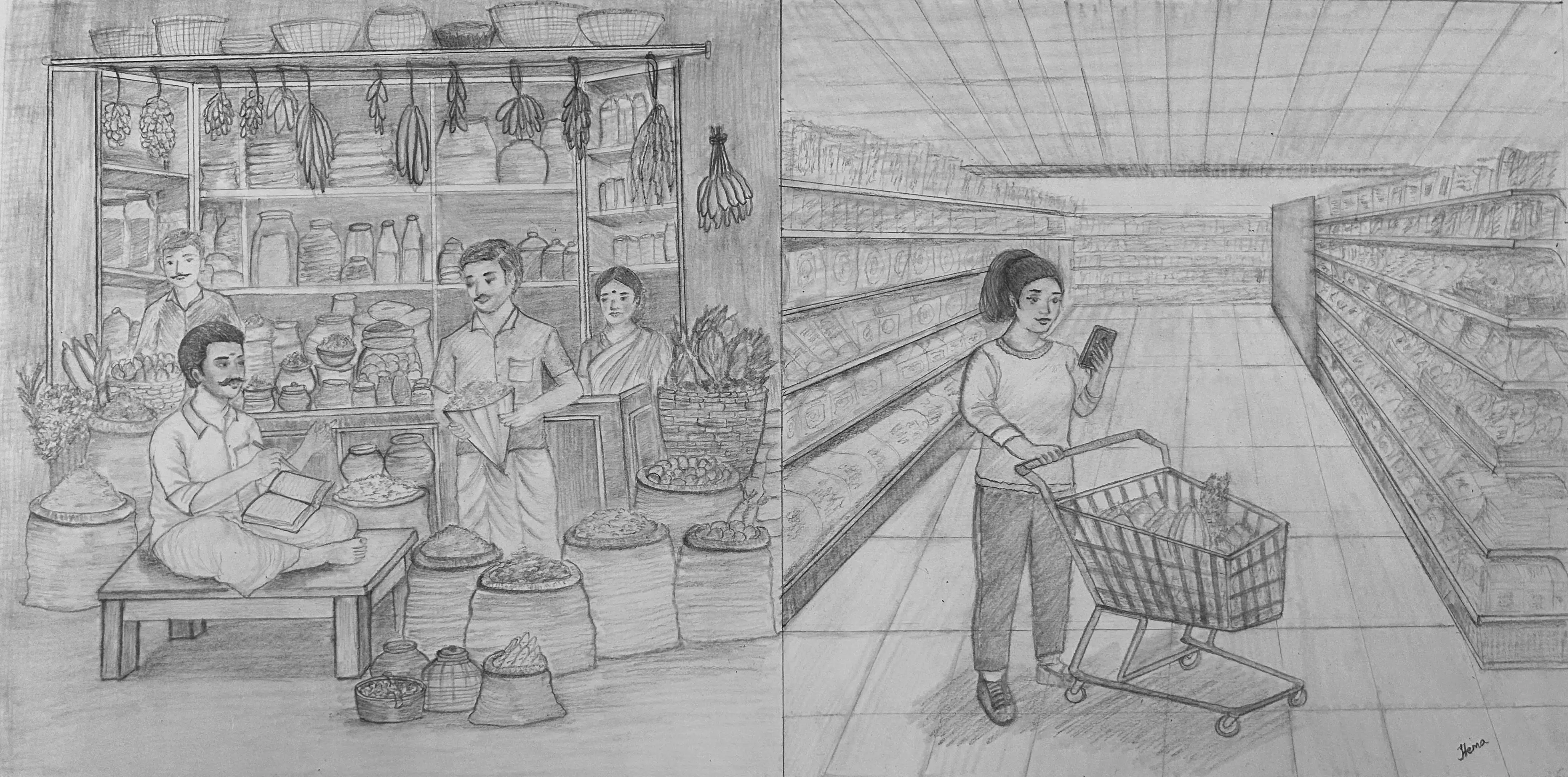 Pencil drawing: on the left a family buys groceries at a traditional kirana shop from a handwritten list; on the right a young woman shops in a supermarket reading her list on a phone.