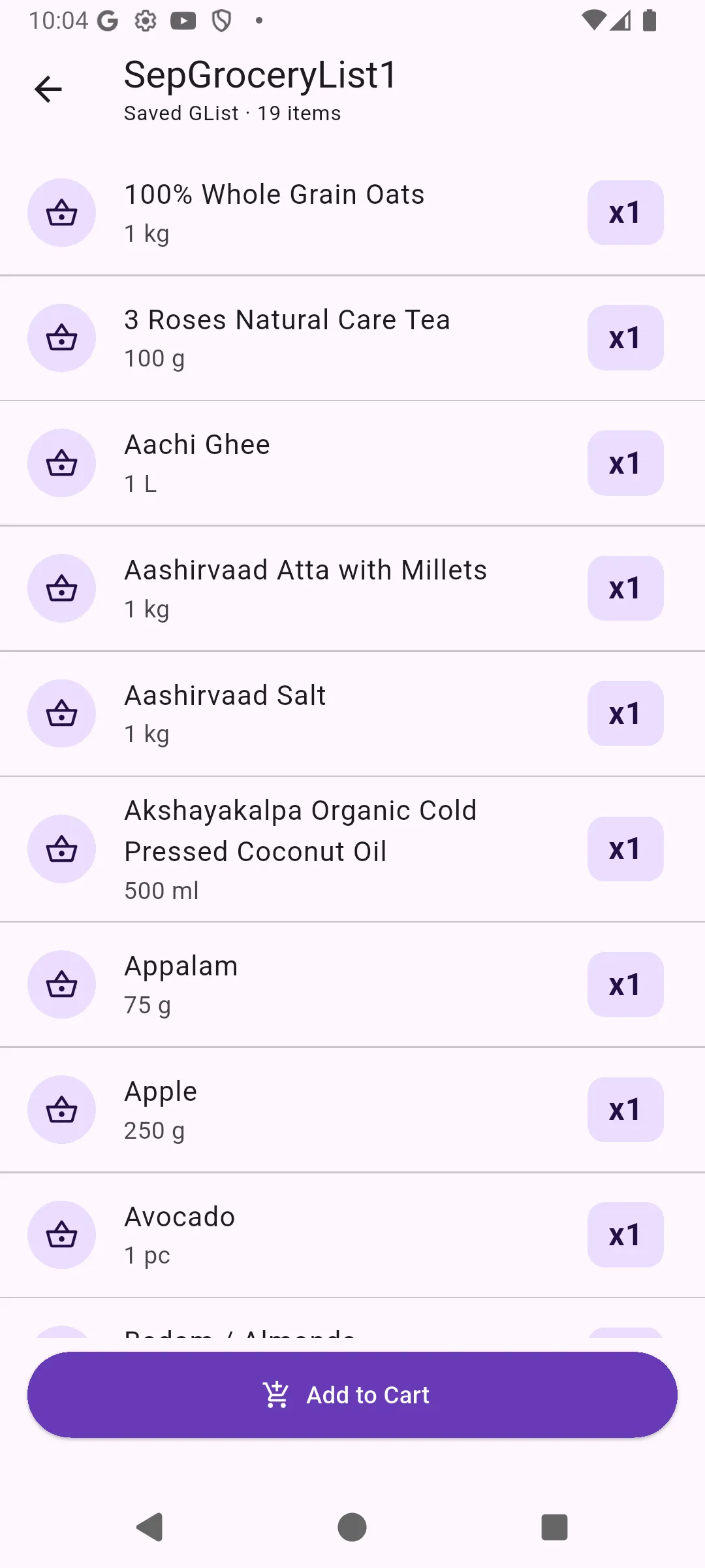 Saved GList screen showing named grocery lists