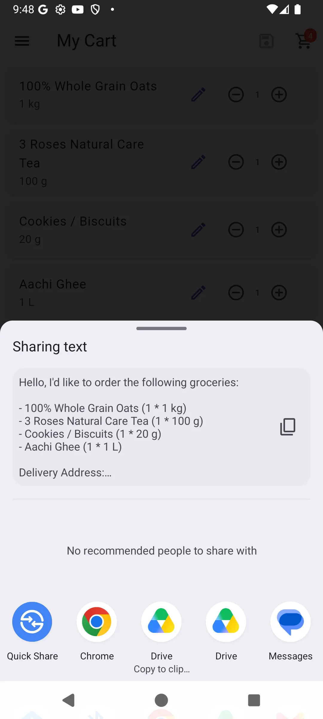 Send to Shop message listing groceries with quantities, ready to share